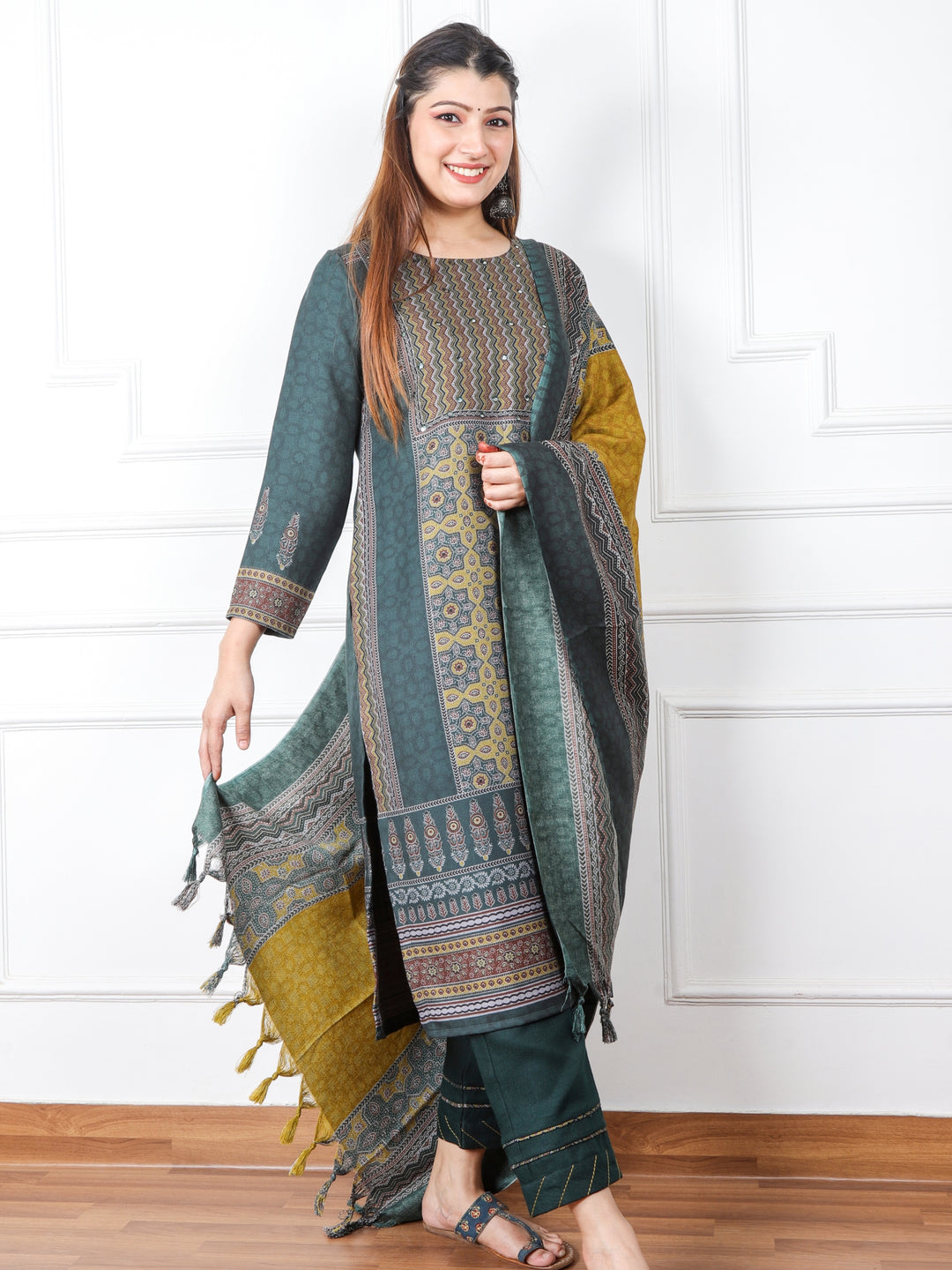 Faryaad Sacramento Green Ajrak Print Semi Pashmina Top and Dupatta