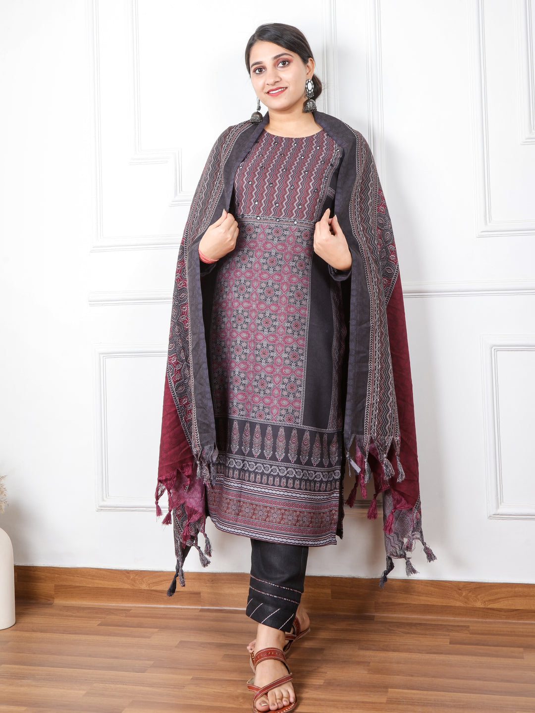 Faryaad Deep Black Ajrak Print Semi Pashmina Top and Dupatta