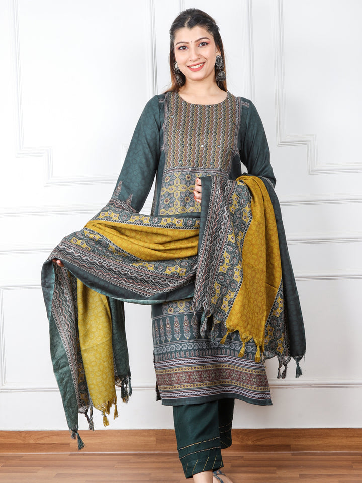 Faryaad Sacramento Green Ajrak Print Semi Pashmina Top and Dupatta