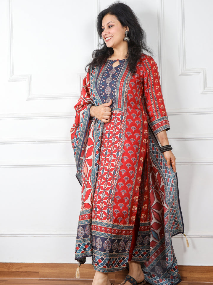Faryaad Maroon Printed Kantha Work Chanderi Silk 3 Piece Set
