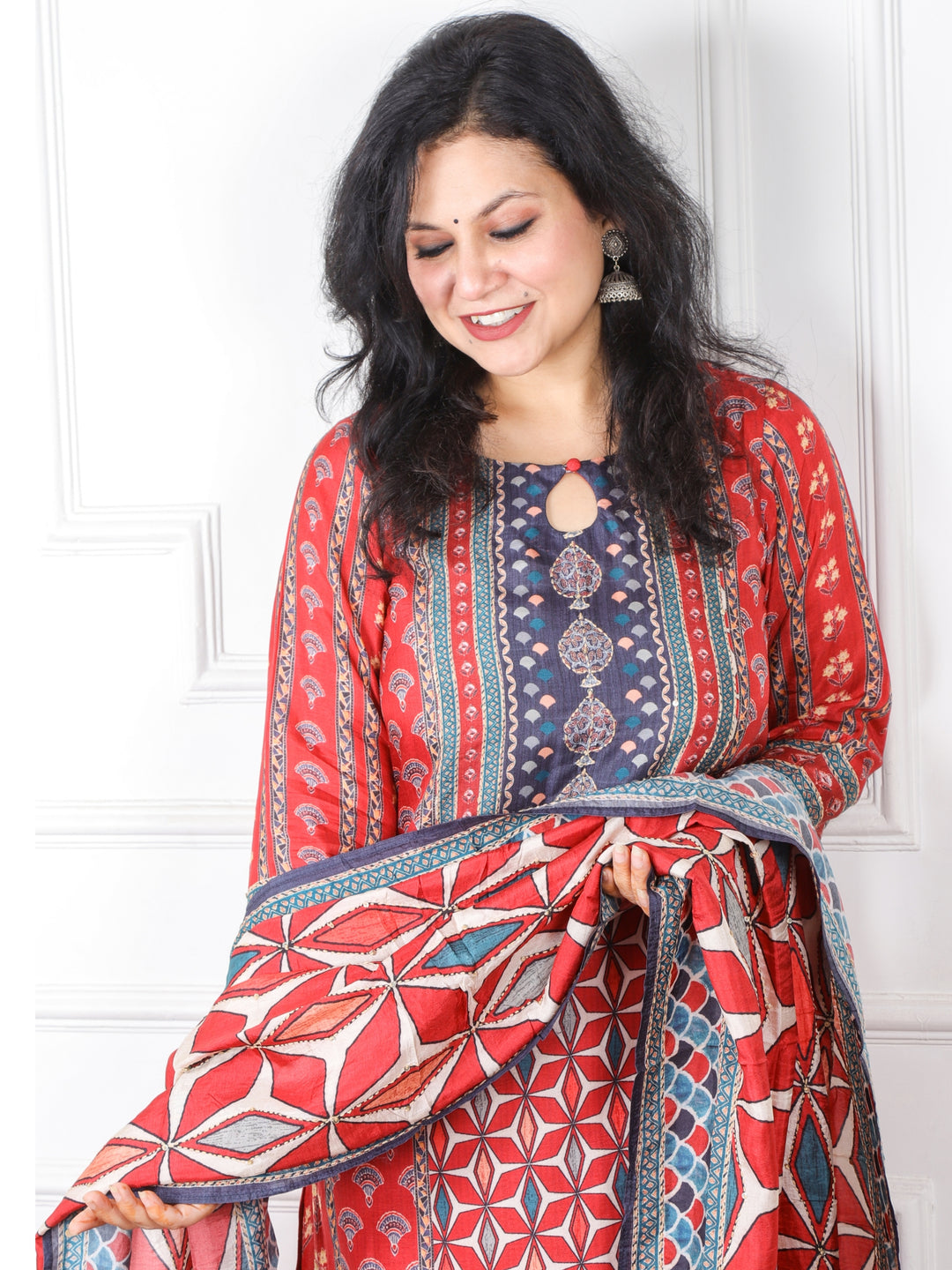 Faryaad Maroon Printed Kantha Work Chanderi Silk 3 Piece Set