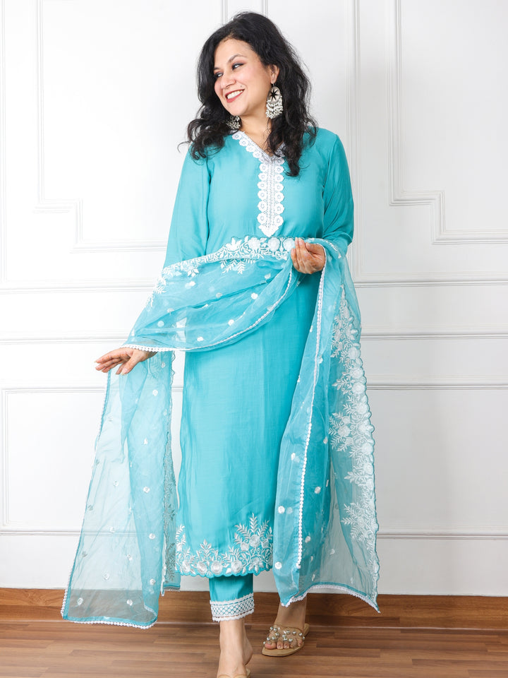 Faryaad Teal Blue Lace Work Muslin 3 Piece Set