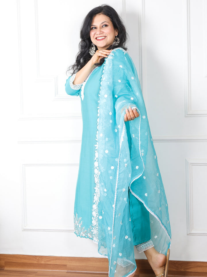 Faryaad Teal Blue Lace Work Muslin 3 Piece Set