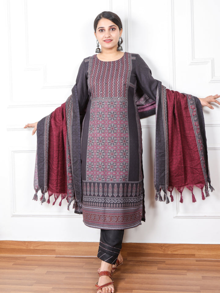 Faryaad Deep Black Ajrak Print Semi Pashmina Top and Dupatta