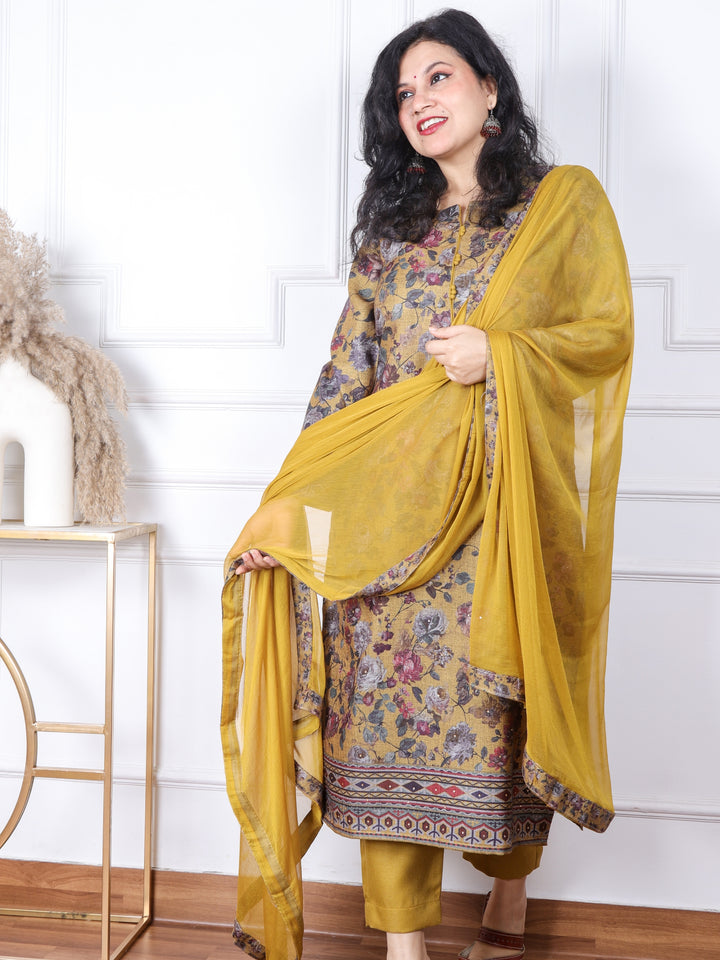 Sofiya Olive Green Floral Printed Semi Pashmina 3 Piece Set