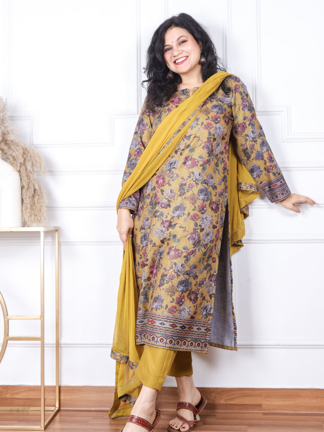 Sofiya Olive Green Floral Printed Semi Pashmina 3 Piece Set