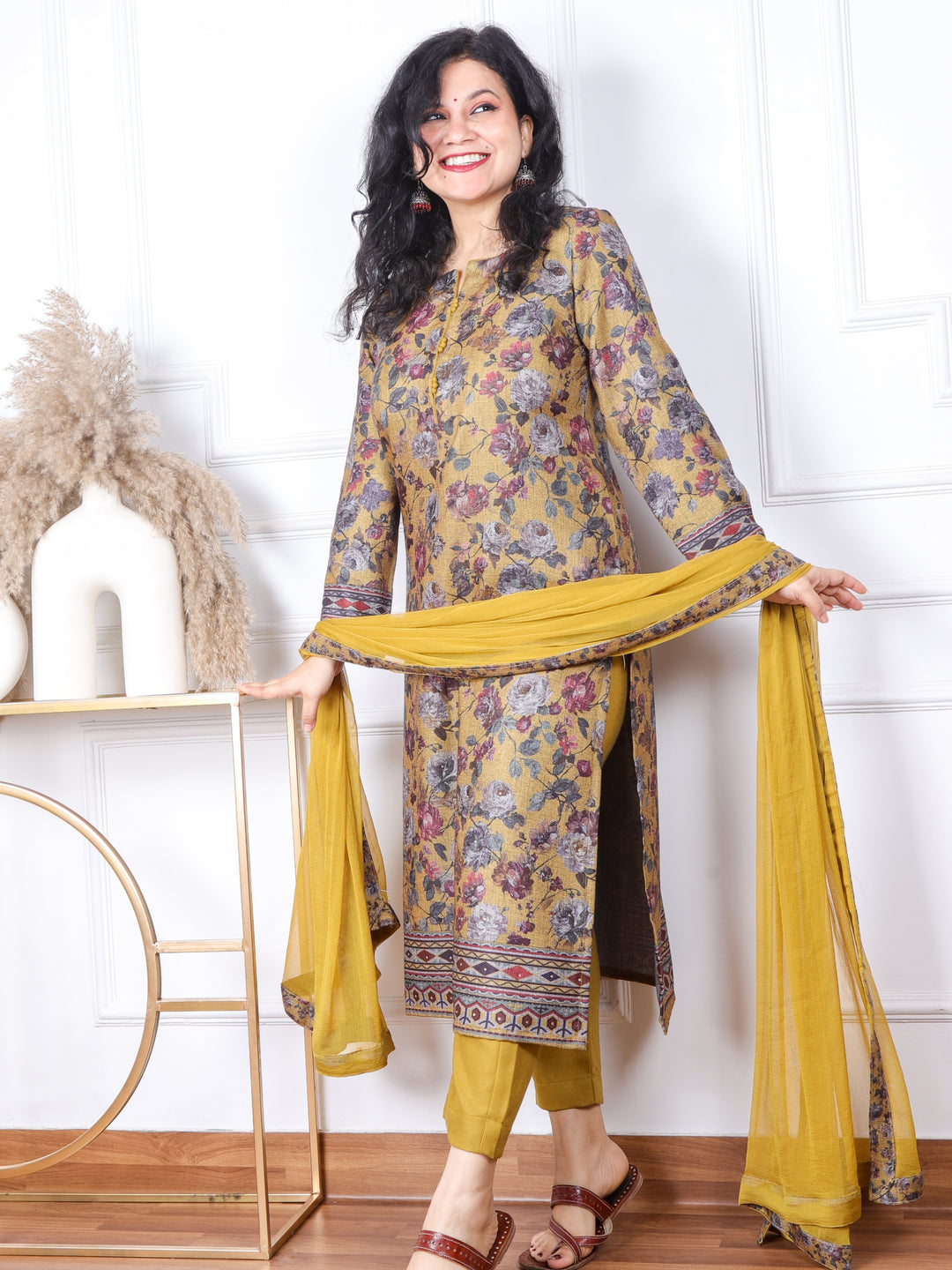 Sofiya Olive Green Floral Printed Semi Pashmina 3 Piece Set