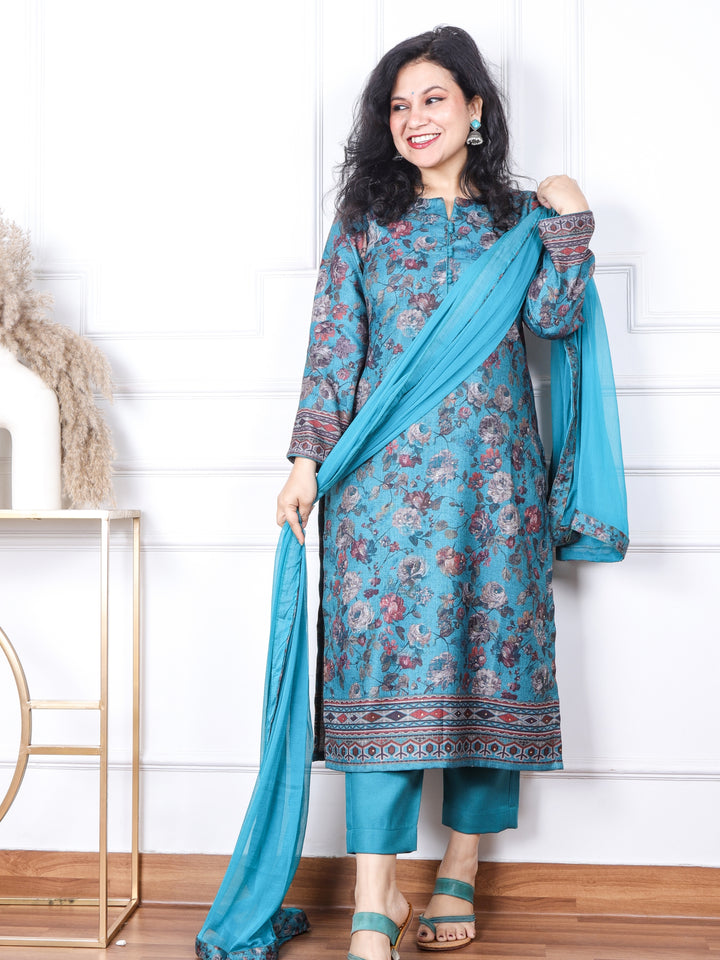 Sofiya Castleton Green Floral Printed Semi Pashmina 3 Piece Set