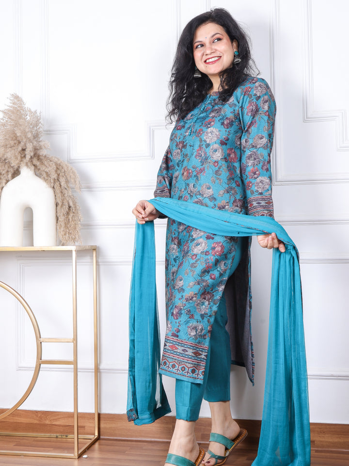 Sofiya Castleton Green Floral Printed Semi Pashmina 3 Piece Set