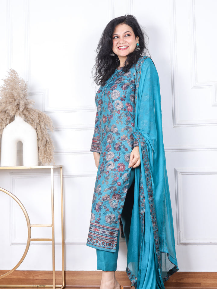 Sofiya Castleton Green Floral Printed Semi Pashmina 3 Piece Set