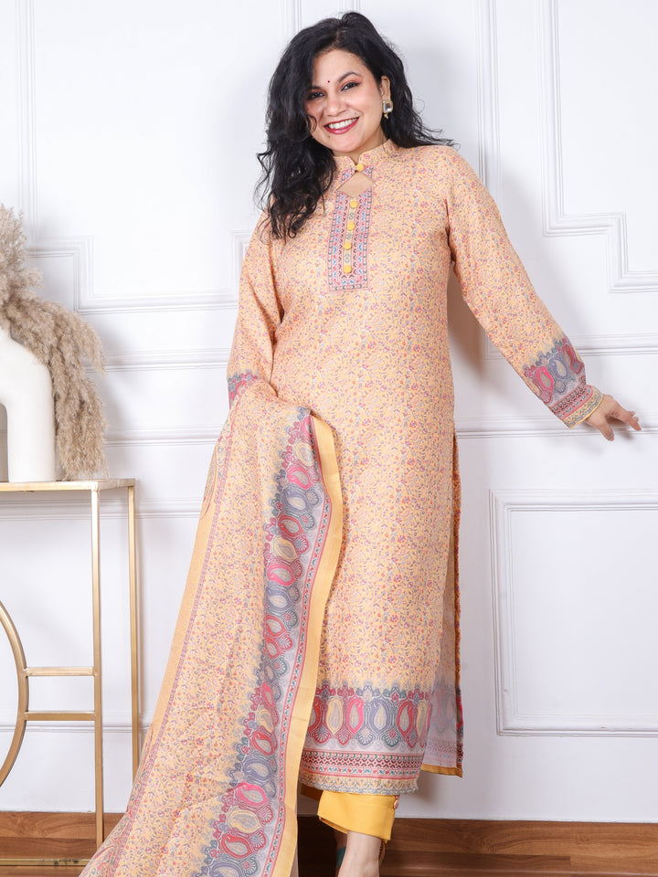 Sofiya Dijon Yellow  Floral Printed Semi Pashmina 3 Piece Set