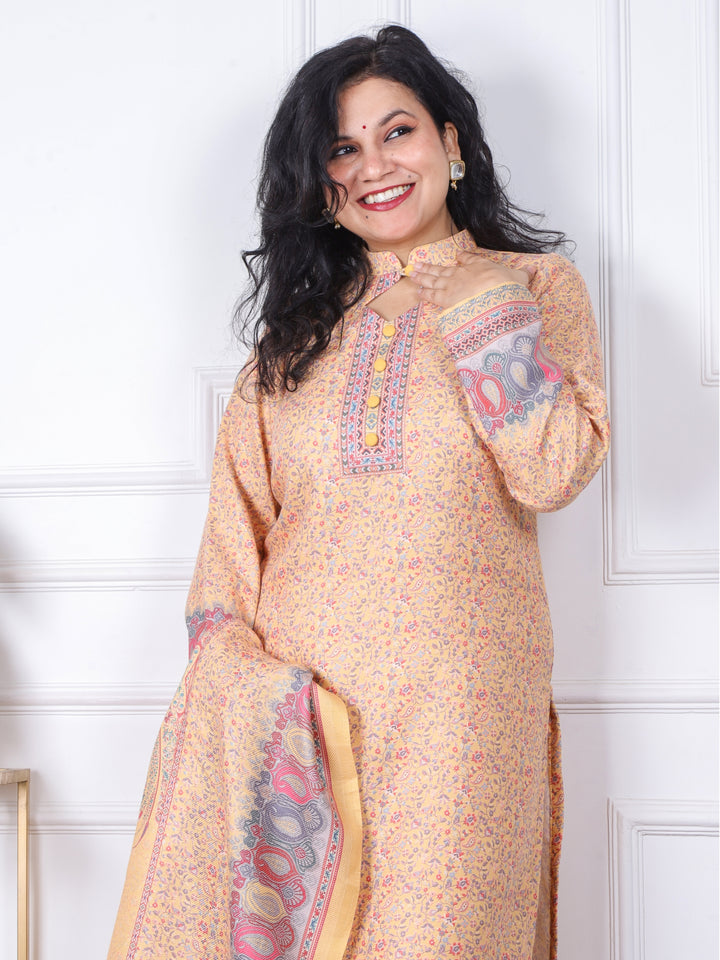 Sofiya Dijon Yellow  Floral Printed Semi Pashmina 3 Piece Set