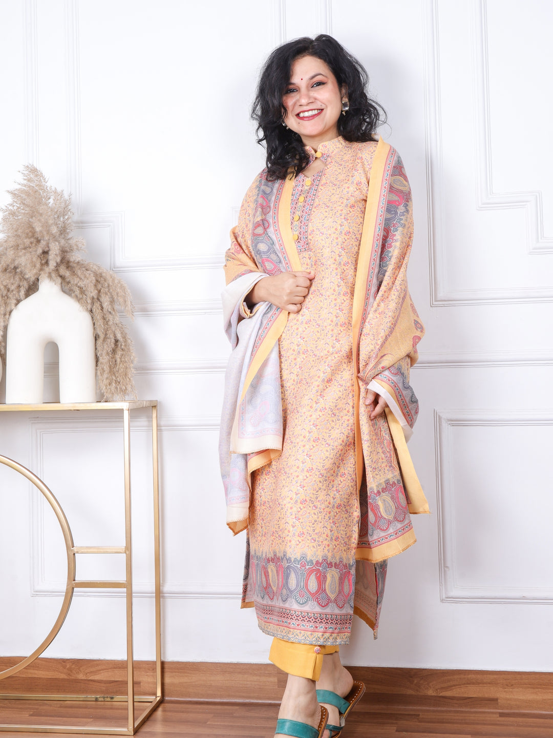 Sofiya Dijon Yellow  Floral Printed Semi Pashmina 3 Piece Set