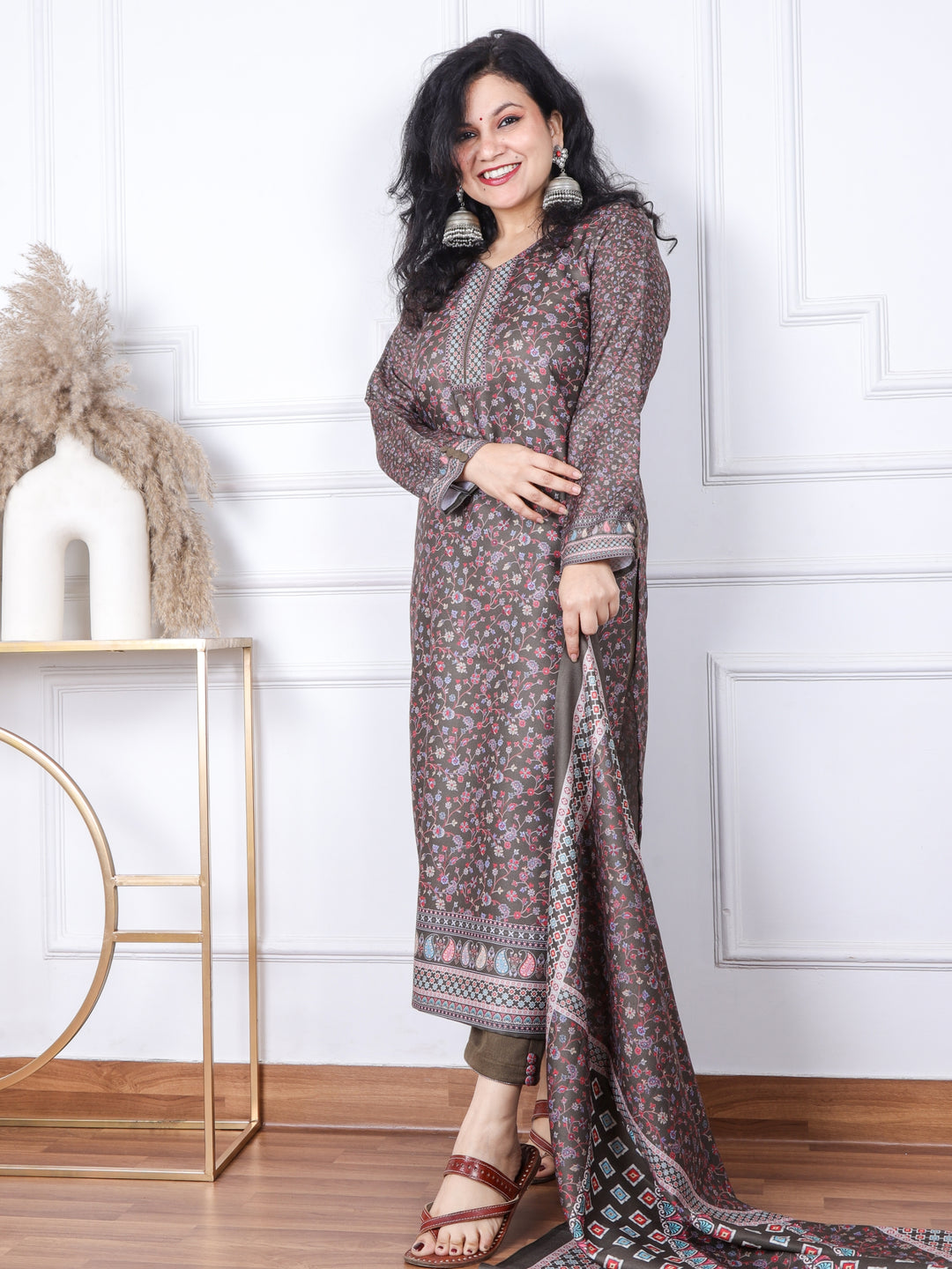 Sofiya Mehandi Green Floral Printed Semi Pashmina 3 Piece Set