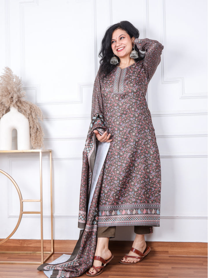 Sofiya Mehandi Green Floral Printed Semi Pashmina 3 Piece Set
