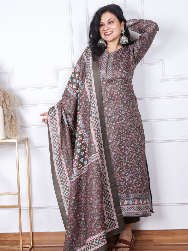 Sofiya Mehandi Green Floral Printed Semi Pashmina 3 Piece Set