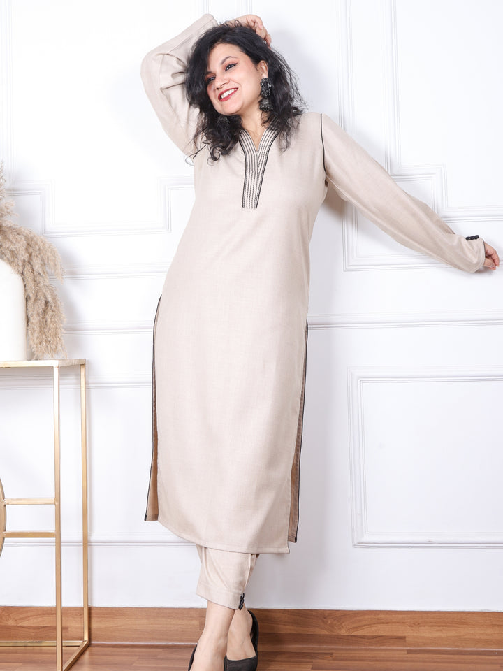 Sofiya Sand Beige V neck with Thread Work Semi Pashmina 2 Piece Set