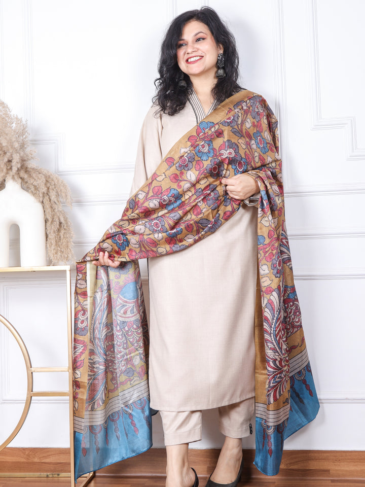 Sofiya Sand Beige V neck with Thread Work Semi Pashmina 3 Piece Set