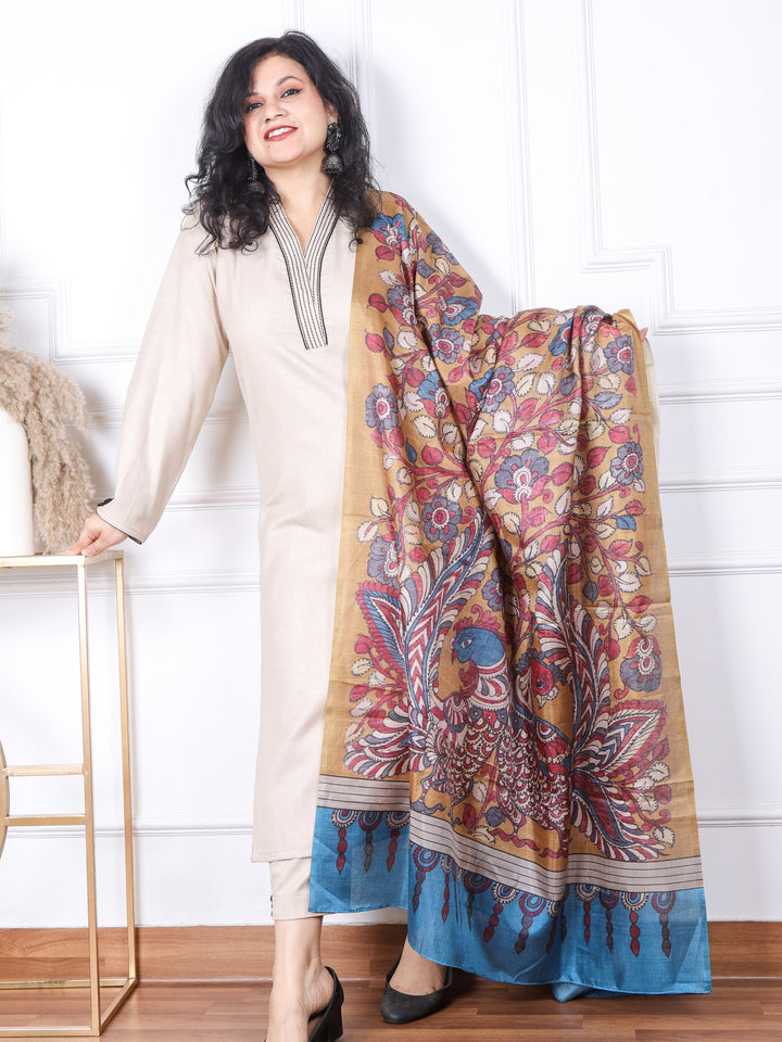 Sofiya Sand Beige V neck with Thread Work Semi Pashmina 3 Piece Set