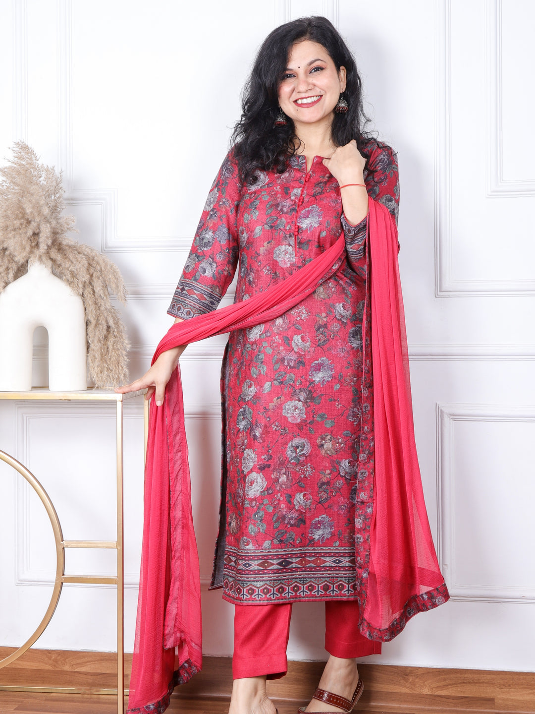 Sofiya Punch Pink Floral Printed Semi Pashmina 3 Piece Set