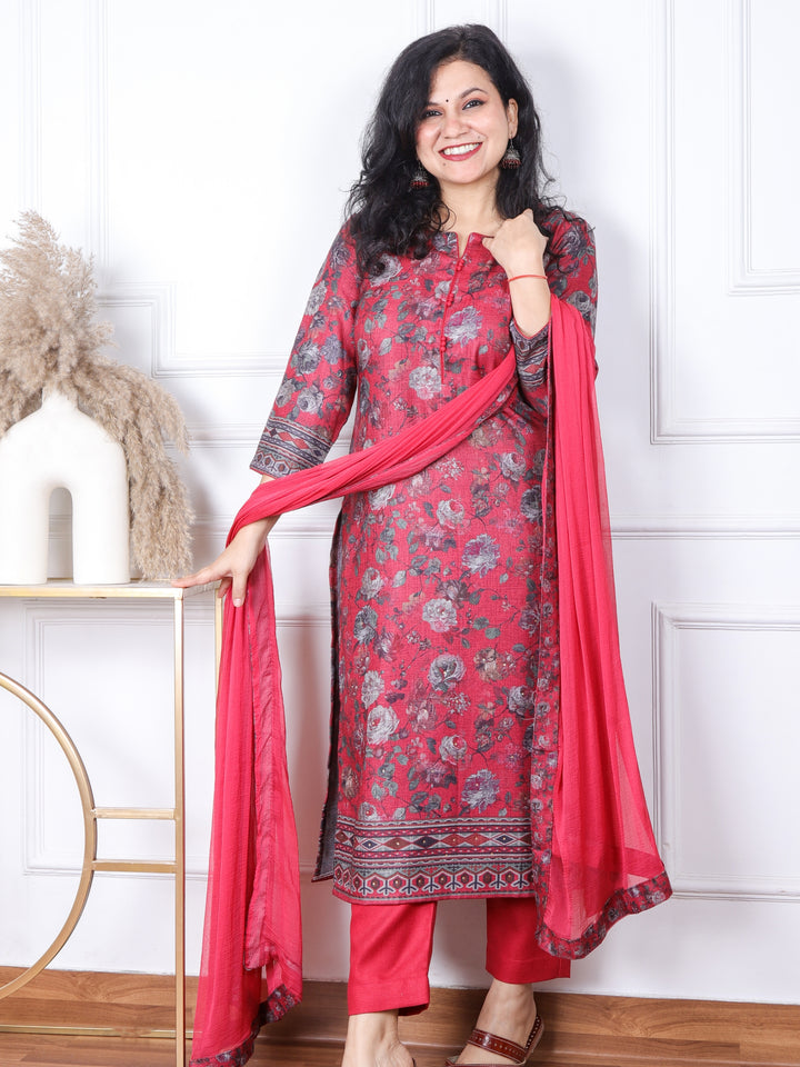 Sofiya Punch Pink Floral Printed Semi Pashmina 3 Piece Set