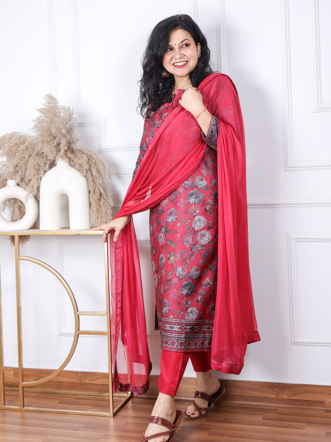 Sofiya Punch Pink Floral Printed Semi Pashmina 3 Piece Set