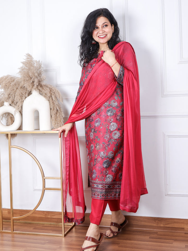 Sofiya Punch Pink Floral Printed Semi Pashmina 3 Piece Set