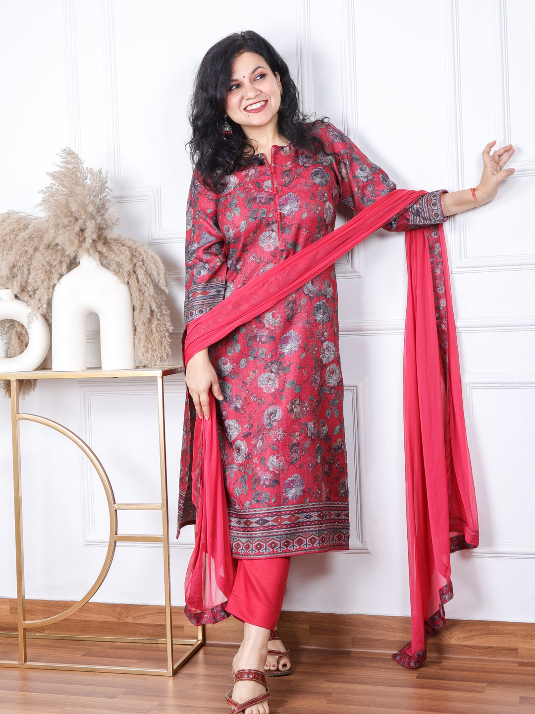 Sofiya Punch Pink Floral Printed Semi Pashmina 3 Piece Set