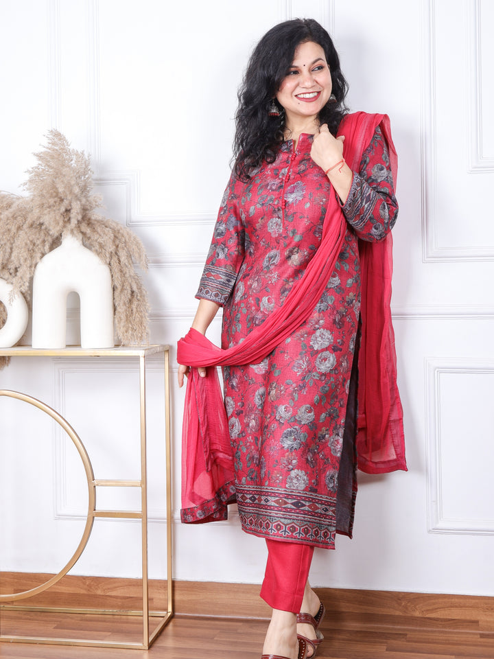 Sofiya Punch Pink Floral Printed Semi Pashmina 3 Piece Set