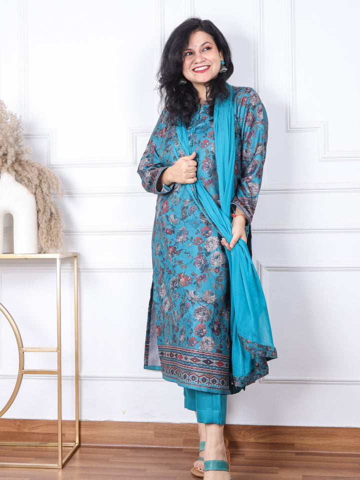 Sofiya Castleton Green Floral Printed Semi Pashmina 3 Piece Set