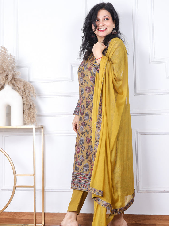 Sofiya Olive Green Floral Printed Semi Pashmina 3 Piece Set