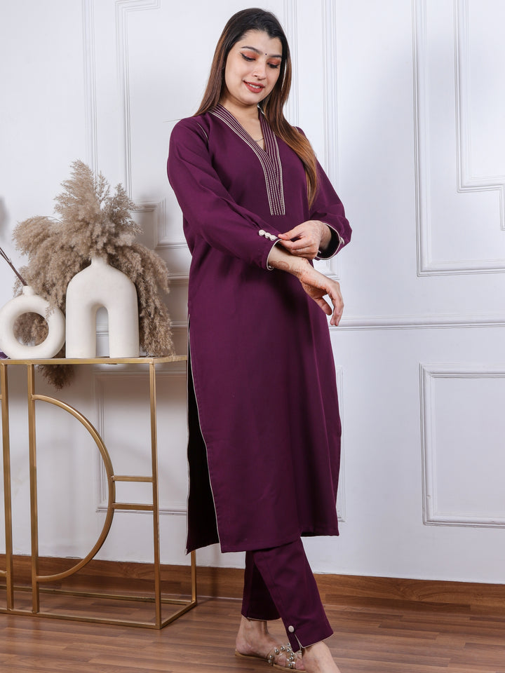 Satranga Eggplant Purple V neck with Thread Work Semi Pashmina 2 Piece Set