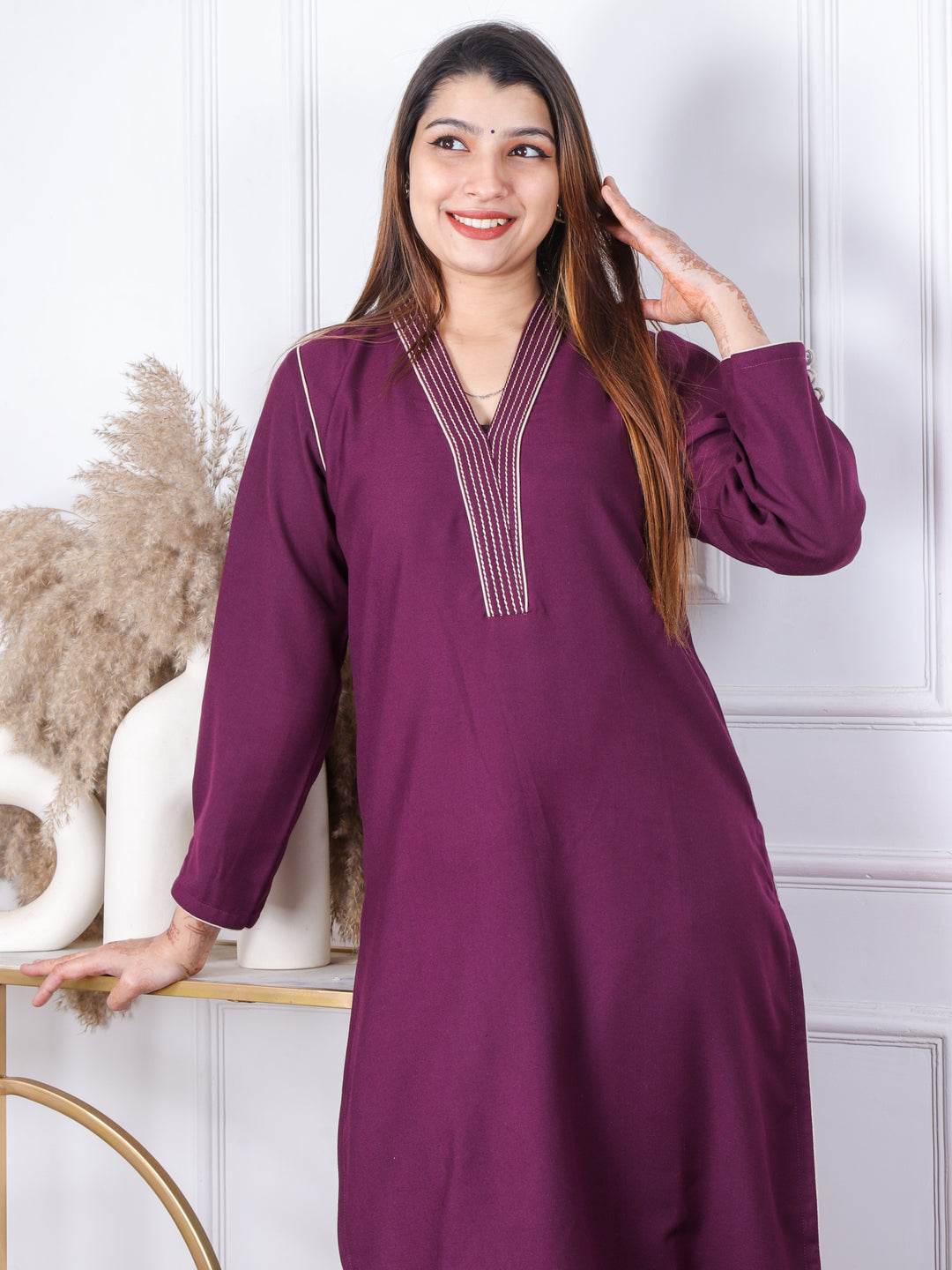 Satranga Eggplant Purple V neck with Thread Work Semi Pashmina Kurta