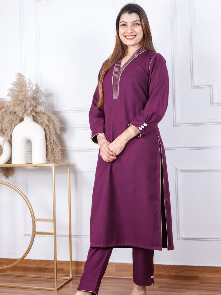 Satranga Eggplant Purple V neck with Thread Work Semi Pashmina 2 Piece Set