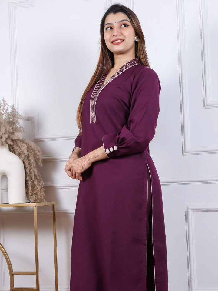 Satranga Eggplant Purple V neck with Thread Work Semi Pashmina 2 Piece Set