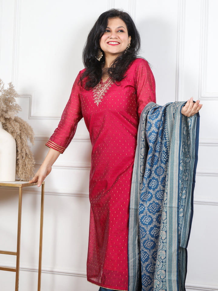 Pathjhad Magenta Purple Zari Embroidery V Neck Chanderi Silk 3 Piece Set