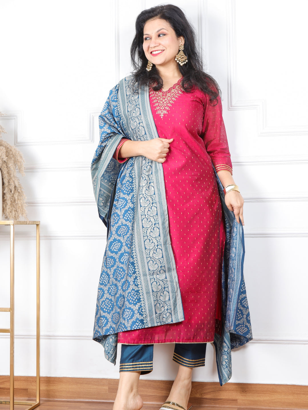 Pathjhad Magenta Purple Zari Embroidery V Neck Chanderi Silk 3 Piece Set