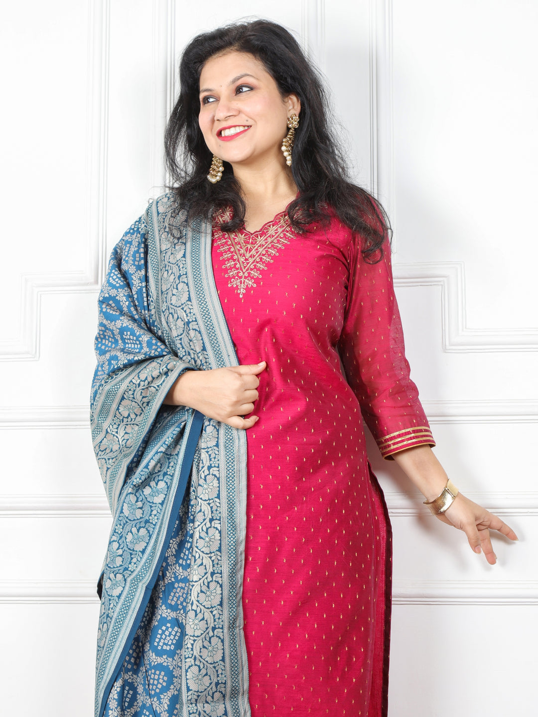 Pathjhad Magenta Purple Zari Embroidery V Neck Chanderi Silk 3 Piece Set