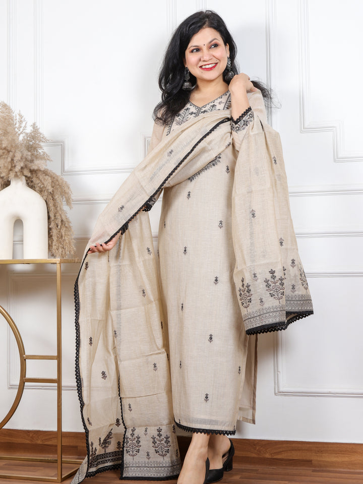 Pathjhad Beige with Black Thread Weaved Chanderi 3 Piece Set