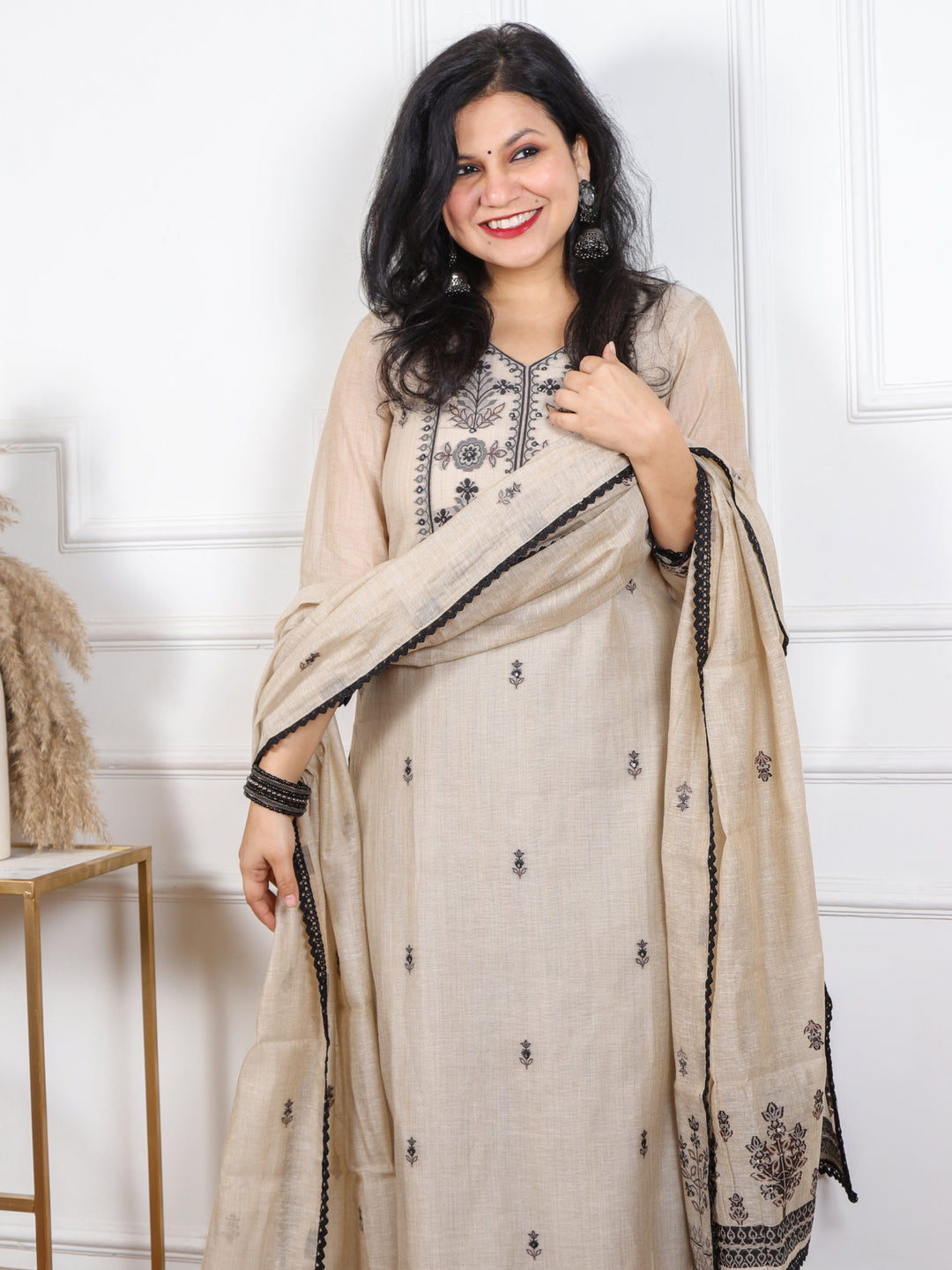 Pathjhad Beige with Black Thread Weaved Chanderi 3 Piece Set