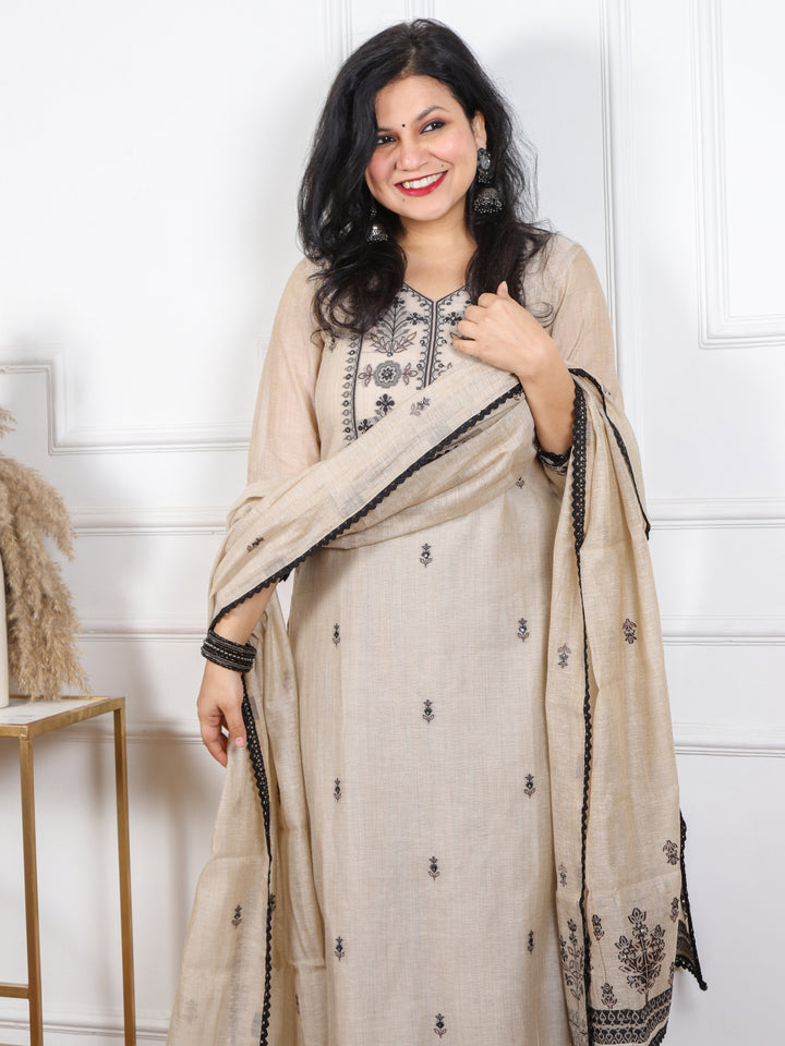 Pathjhad Beige with Black Thread Weaved Chanderi 3 Piece Set