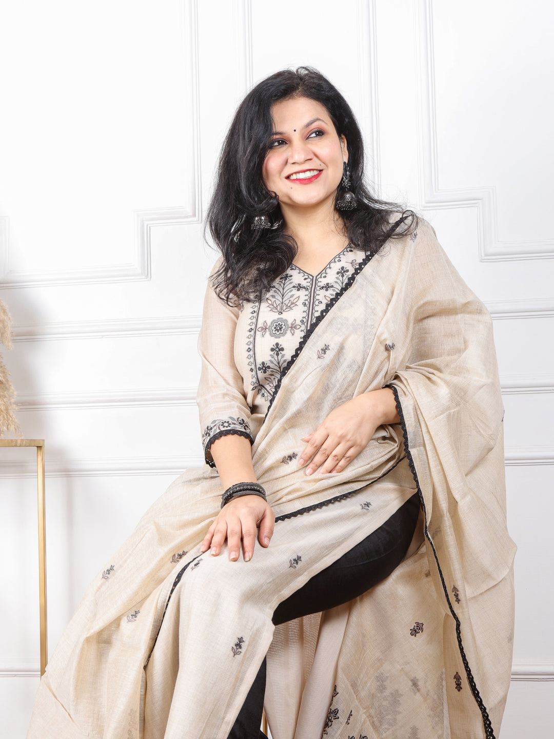 Pathjhad Beige with Black Thread Weaved Chanderi 3 Piece Set