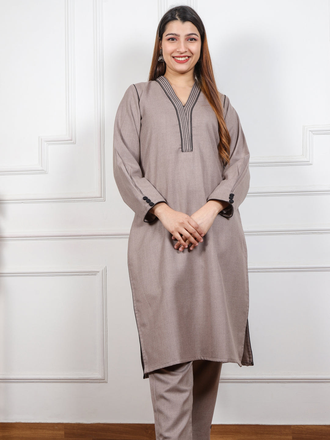 Mankarnika Latte Brown V neck with Thread Work Semi Pashmina 2 Piece Set