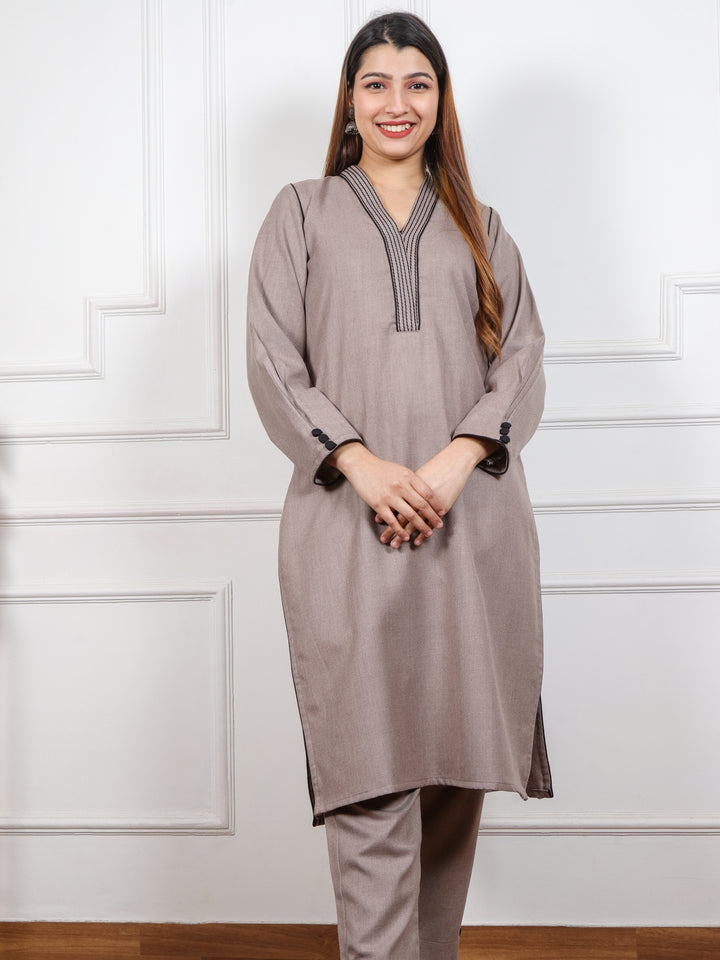 Mankarnika Latte Brown V neck with Thread Work Semi Pashmina 2 Piece Set