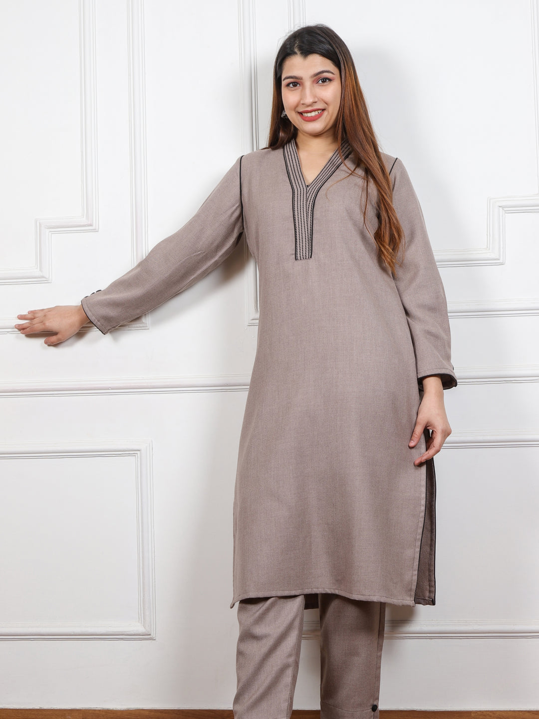 Mankarnika Latte Brown V neck with Thread Work Semi Pashmina 2 Piece Set