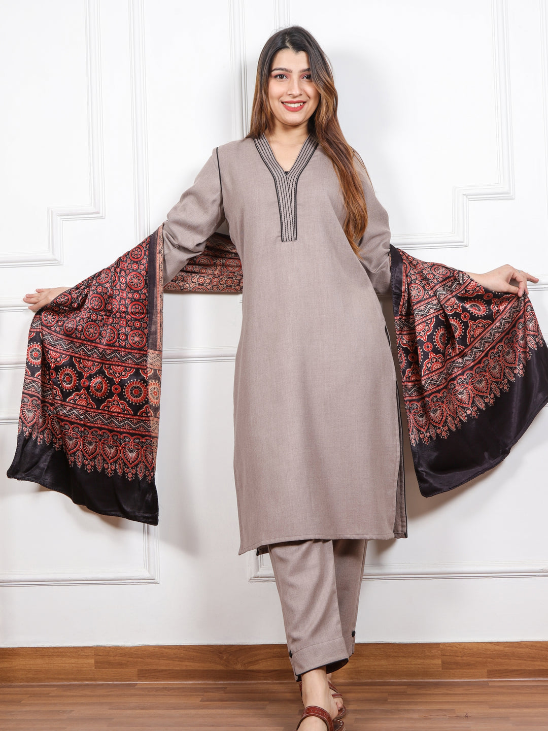 Mankarnika Latte Brown V neck with Thread Work Semi Pashmina 3 Piece Set