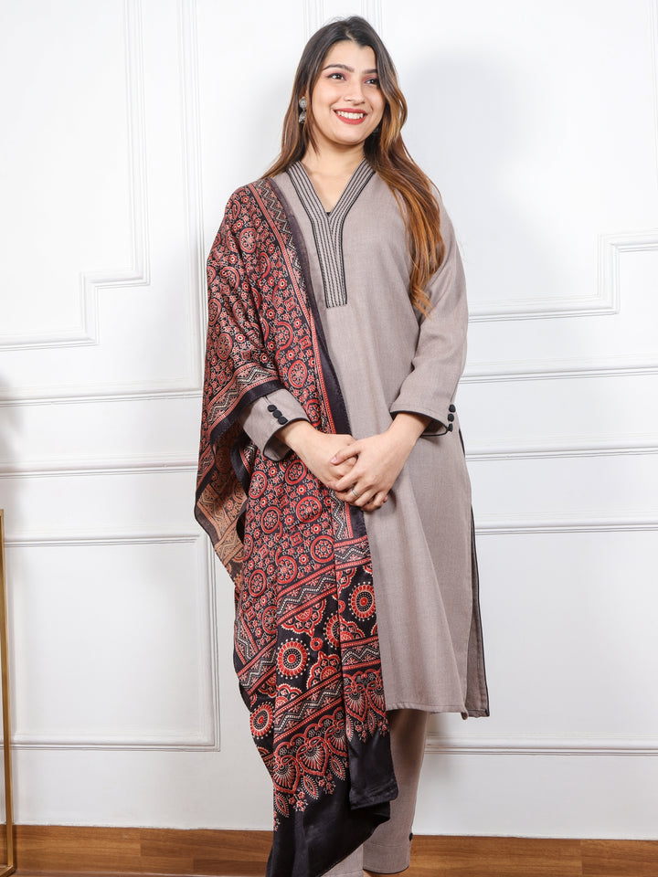 Mankarnika Latte Brown V neck with Thread Work Semi Pashmina 3 Piece Set