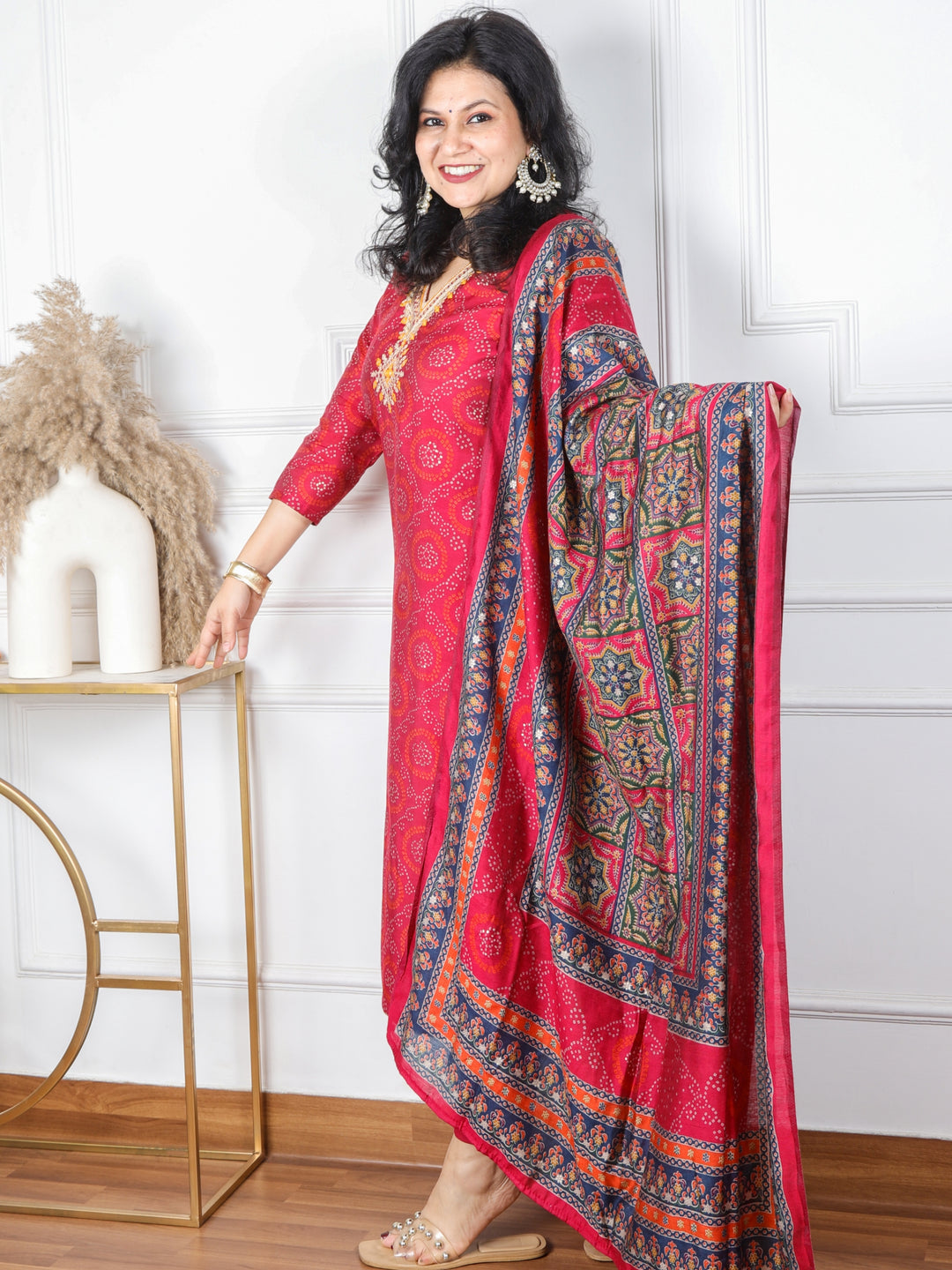 Dilruba Ruby Pink V Neck Embellished Modal Top With Cotton Silk Dupatta 3 Piece Set