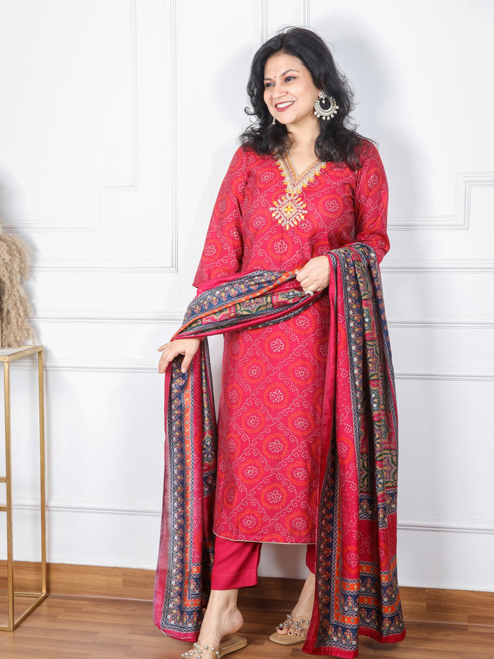 Dilruba Ruby Pink V Neck Embellished Modal Top With Cotton Silk Dupatta 3 Piece Set