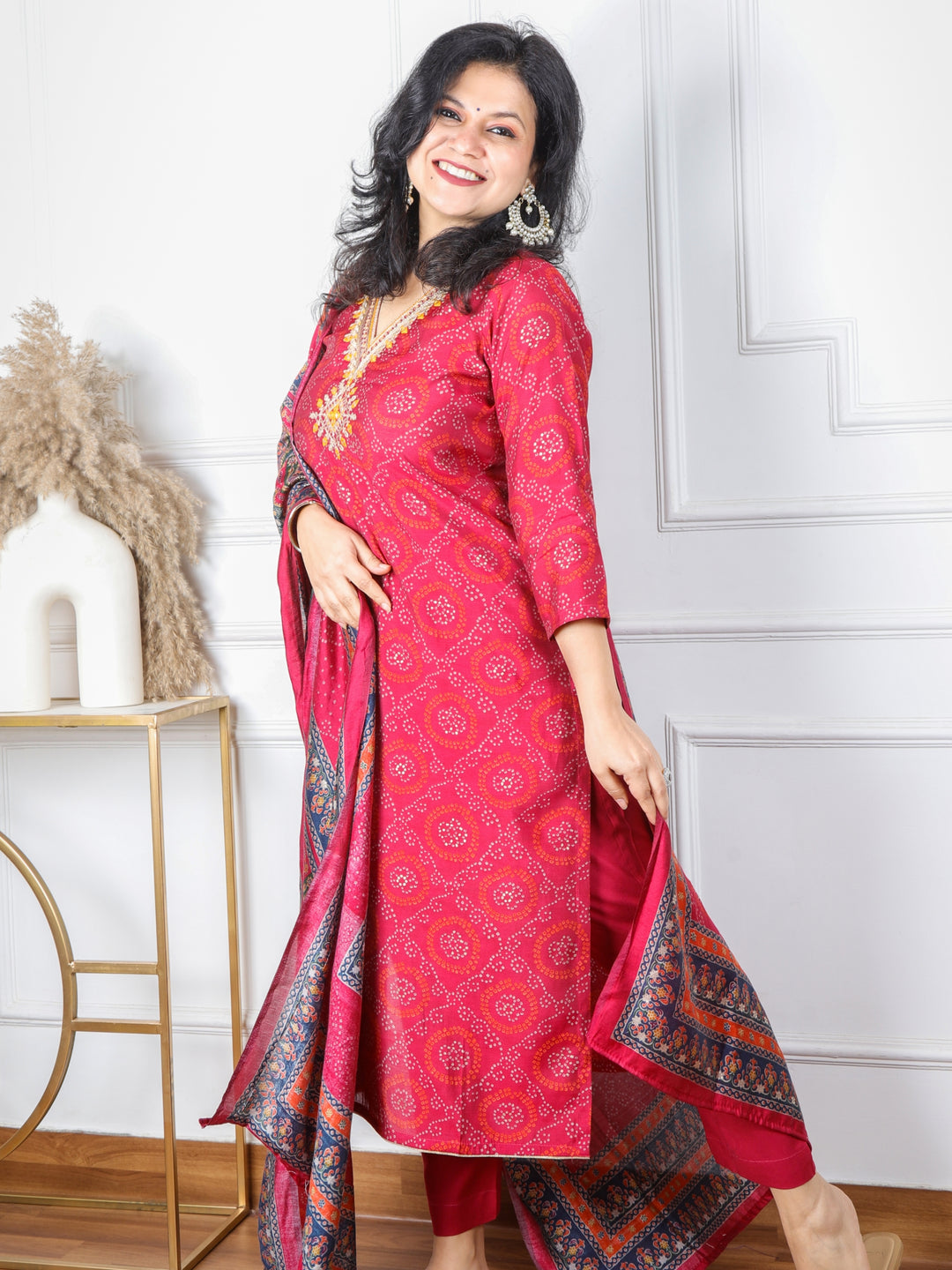Dilruba Ruby Pink V Neck Embellished Modal Top With Cotton Silk Dupatta 3 Piece Set